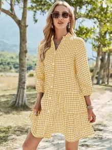 SHEIN Holidaya Vestido de guingán de cuello notch bajo con fruncido - Amarillo - Ver 3