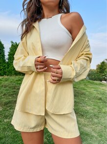 Striped Drop Shoulder Blouse & Shorts Set Without Tank Top