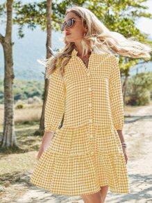 SHEIN Holidaya Vestido de guingán de cuello notch bajo con fruncido - Amarillo - Ver 6