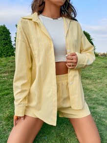 Striped Drop Shoulder Blouse & Shorts Set Without Tank Top