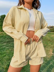 Striped Drop Shoulder Blouse & Shorts Set Without Tank Top