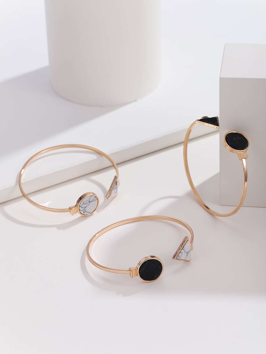3入組大理石紋樣式幾何裝飾開口手鐲 - 彩色 - 查看 1