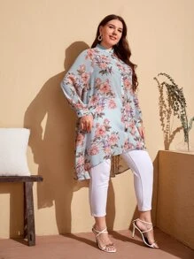 Mulvari Plus Mock Neck Floral Print High Low Chiffon Blouse - Multicolor - View 1