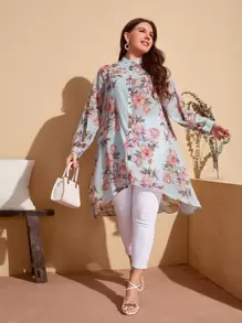 Mulvari Plus Mock Neck Floral Print High Low Chiffon Blouse - Multicolor - View 2