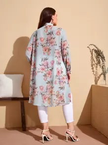 Mulvari Plus Mock Neck Floral Print High Low Chiffon Blouse - Multicolor - View 3