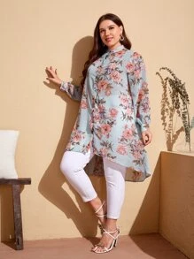 Mulvari Plus Mock Neck Floral Print High Low Chiffon Blouse - Multicolor - View 4