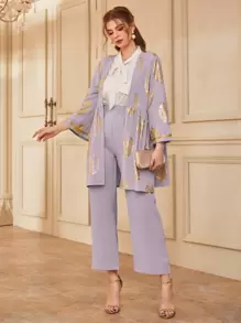 Modelyn Abrigo dorado con estampado floral con pantalones - Lila Púrpura - Ver 1