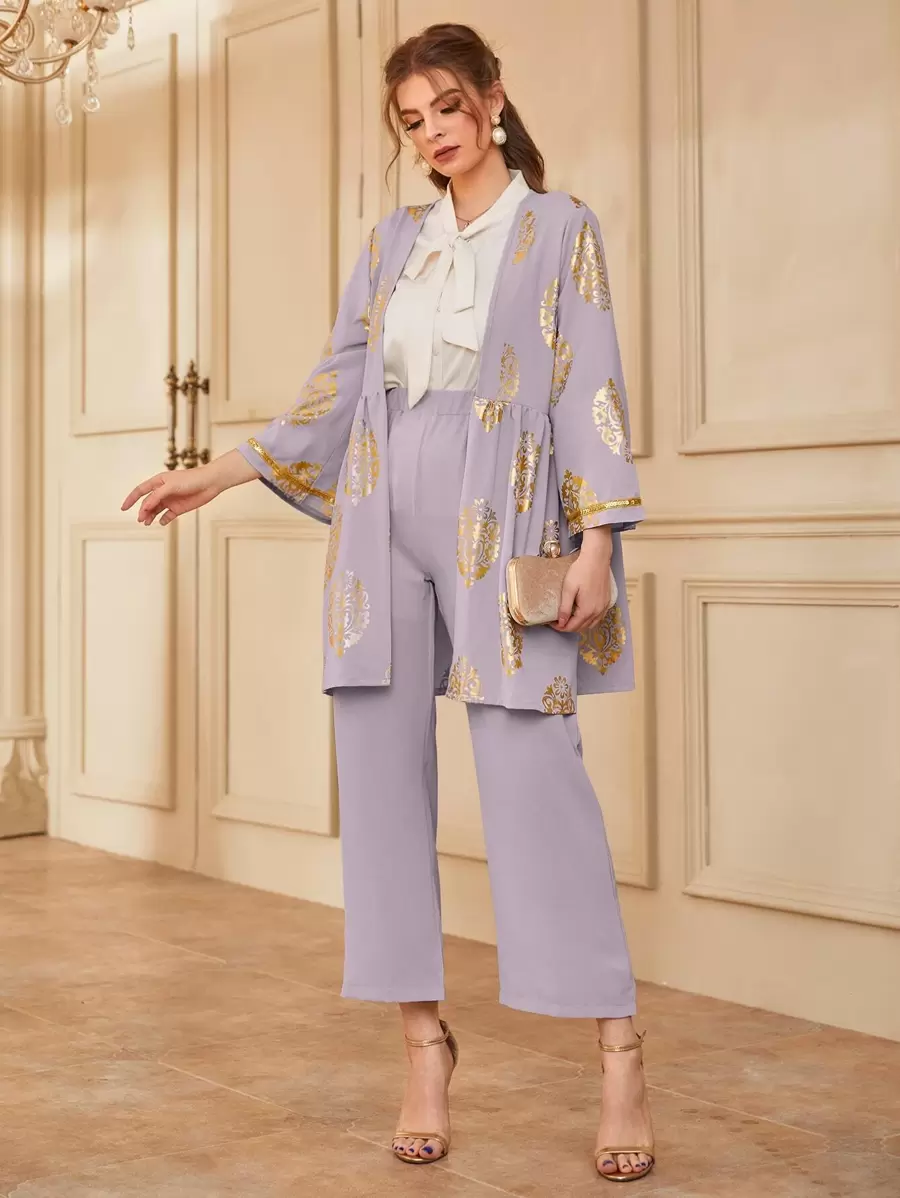Modelyn Abrigo dorado con estampado floral con pantalones - Lila Púrpura - Ver 1