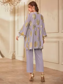 Modelyn Abrigo dorado con estampado floral con pantalones - Lila Púrpura - Ver 2