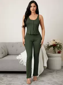 前紐扣木耳邊背心上衣和褲子休閒服套裝 - 軍綠色 - 查看 1