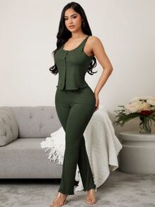 前紐扣木耳邊背心上衣和褲子休閒服套裝 - 軍綠色 - 查看 4