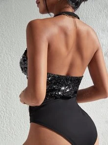 Body halter de espalda abierta con lentejuela en contraste - Negro - Ver 2