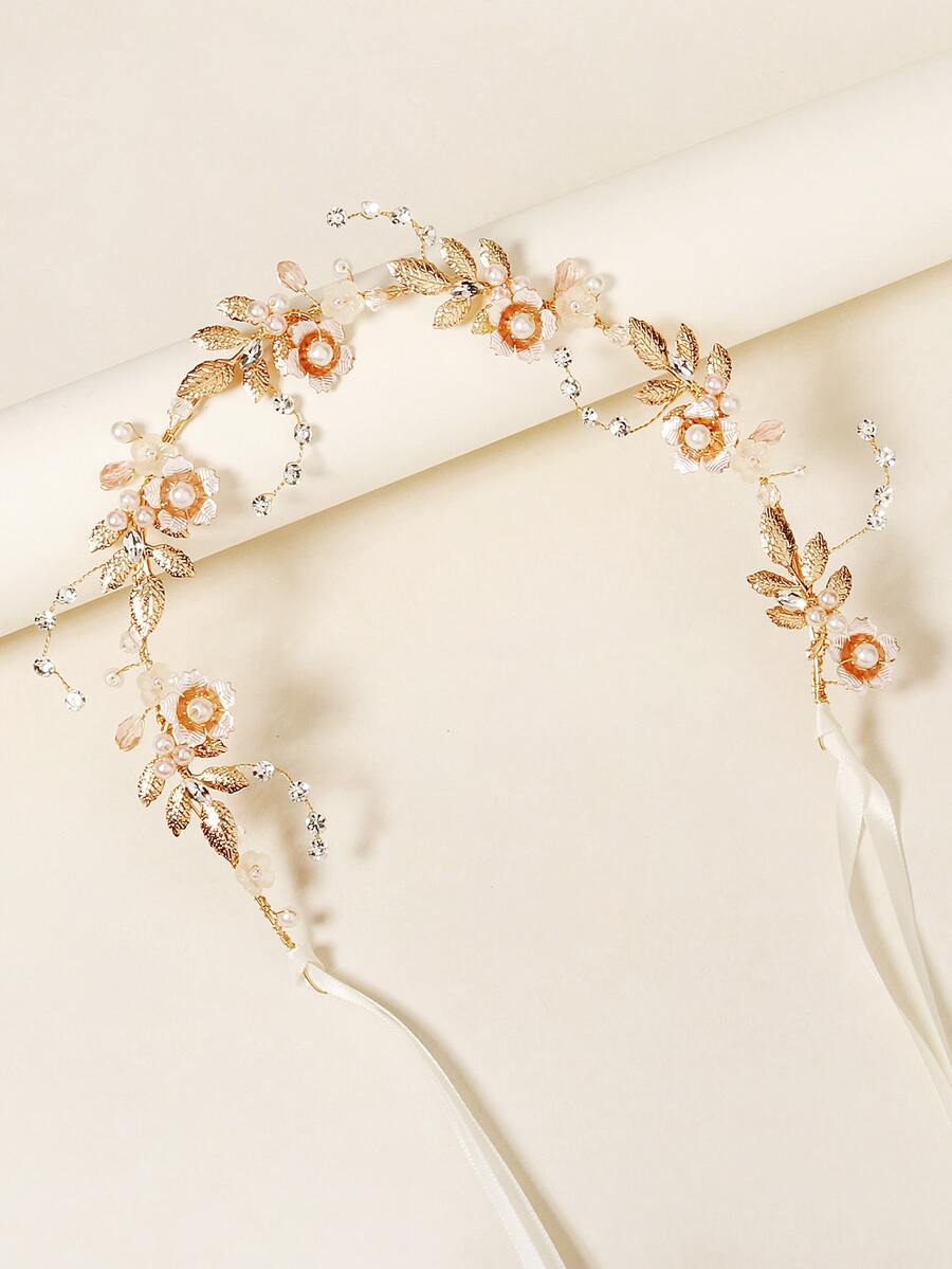 Flower Decor Wedding Headband - Gold - View 1