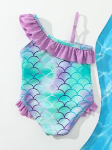 SHEIN 女嬰漸層魚鱗圖案荷葉邊連體泳衣 - 彩色 - 查看 2