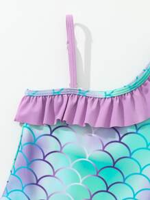 SHEIN 女嬰漸層魚鱗圖案荷葉邊連體泳衣 - 彩色 - 查看 3