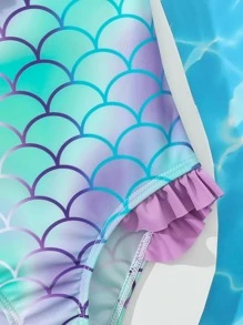 SHEIN 女嬰漸層魚鱗圖案荷葉邊連體泳衣 - 彩色 - 查看 4