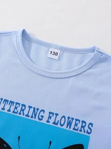 女孩標語和蝴蝶圖案T恤 - 淺藍色 - 查看 3