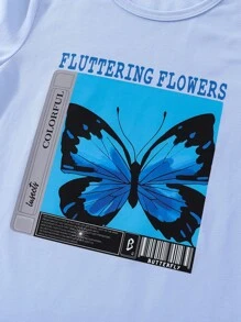 女孩標語和蝴蝶圖案T恤 - 淺藍色 - 查看 4