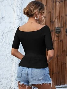 Knit Mix Áo dệt kim nữ Trọn gói Gân đan màu trơn Thanh lịch - màu đen - Xem 2