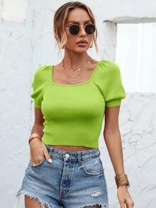 女士休闲针织上衣，春夏方领泡泡袖修身T恤，纯白色罗纹面料，适合日常穿着，秋季返校季必备单品 - 青檸色 - 查看 3