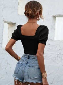 Women's Casual Knit Top, Spring/Summer Square Neck Puff Sleeve Fitted T-Shirt, Pure White Ribbed Fabric For Daily Wear, Back To School Autumn Outfit - Black - View 2