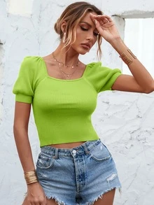 女士休闲针织上衣，春夏方领泡泡袖修身T恤，纯白色罗纹面料，适合日常穿着，秋季返校季必备单品 - 青檸色 - 查看 4