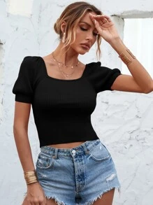 Women's Casual Knit Top, Spring/Summer Square Neck Puff Sleeve Fitted T-Shirt, Pure White Ribbed Fabric For Daily Wear, Back To School Autumn Outfit - Black - View 4