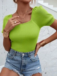 女士休闲针织上衣，春夏方领泡泡袖修身T恤，纯白色罗纹面料，适合日常穿着，秋季返校季必备单品 - 青檸色 - 查看 6