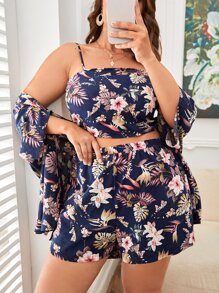 SHEIN VCAY Plus Tropical Print Cami Crop Top & Shorts & Robe Set - Multicolor - View 1