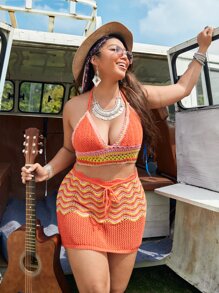 SHEIN Swim Curve Plus Striped Halter Cover Up Top With Skirt Set For Summer Beach Vacation - Multicolor - View 1