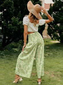 Simplee Pantalones de pierna ancha con estampado floral - Verde Lima - Ver 2