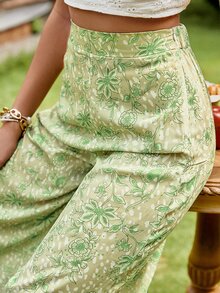 Simplee Pantalones de pierna ancha con estampado floral - Verde Lima - Ver 7