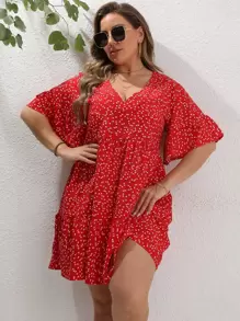 SHEIN LUNE Plus Allover Heart Print Smock Dress - Red - View 1