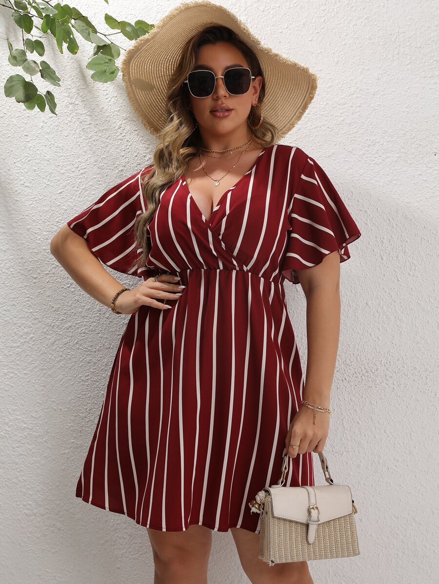 Calvaya Đầm Plus Size Sọc Giải trí - Màu Đỏ Sâu - Xem 1