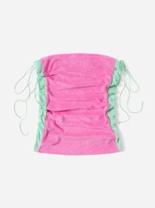 SHEIN ICON 90年代花卉圖案和字母刺繡側抽繩抹胸上衣 - 藕粉色 - 查看 2