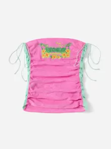SHEIN ICON 90年代花卉圖案和字母刺繡側抽繩抹胸上衣 - 藕粉色 - 查看 3