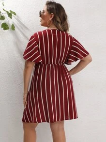 Calvaya Đầm Plus Size Sọc Giải trí - Màu Đỏ Sâu - Xem 2