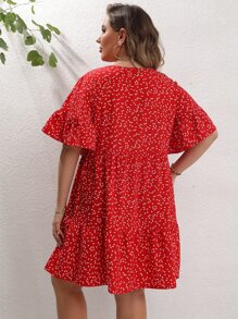 SHEIN LUNE Plus Allover Heart Print Smock Dress - Red - View 2