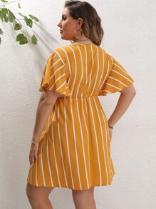 Calvaya 大碼條紋圖案交疊領A字連衣裙 - 黃色 - 查看 2