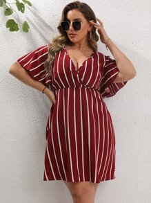 Calvaya Đầm Plus Size Sọc Giải trí - Màu Đỏ Sâu - Xem 3