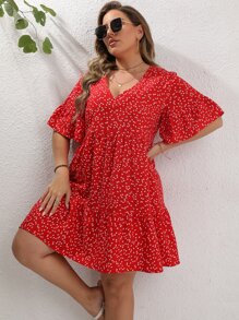 SHEIN LUNE Plus Allover Heart Print Smock Dress - Red - View 3