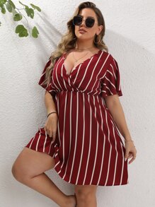 Calvaya Đầm Plus Size Sọc Giải trí - Màu Đỏ Sâu - Xem 4