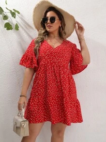 SHEIN LUNE Plus Allover Heart Print Smock Dress - Red - View 4