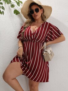 Calvaya Đầm Plus Size Sọc Giải trí - Màu Đỏ Sâu - Xem 7