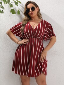 Calvaya Đầm Plus Size Sọc Giải trí - Màu Đỏ Sâu - Xem 8