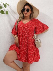 SHEIN LUNE Plus Allover Heart Print Smock Dress - Red - View 8