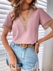 SHEIN LUNE Contrast Guipure Lace Blouse - Pink - View 1