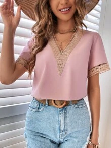 SHEIN LUNE Contrast Guipure Lace Blouse - Pink - View 6
