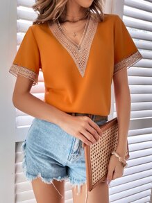 Breezaya Contrast Guipure Lace Blouse - Orange - View 1