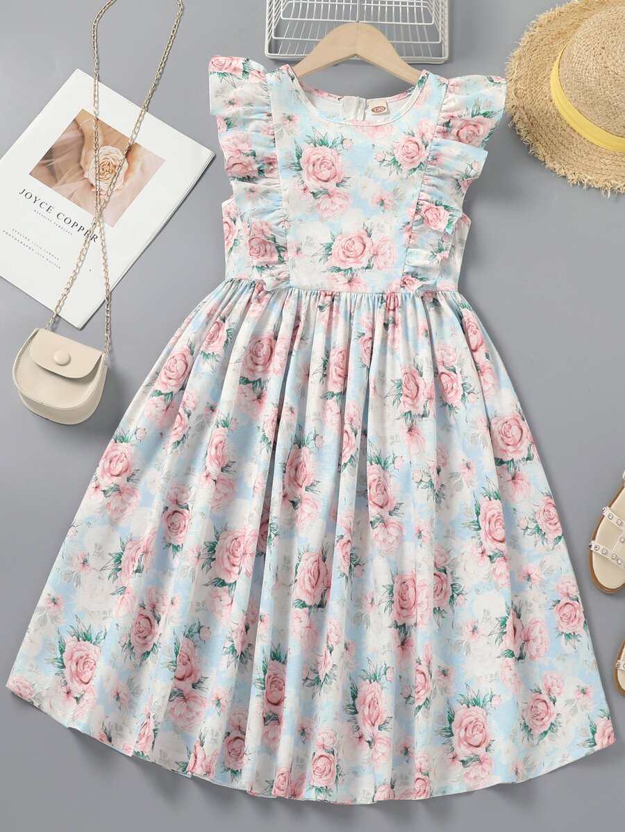 SHEIN Vestido Con Estampado Floral Y Ribete Con Volantes Para Niñas Preadolescentes - Multicolor - Ver 1